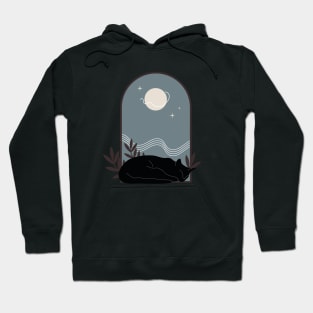 Sleepy cozy black cat with plants and night sky in vintage boho minimalist style Hoodie